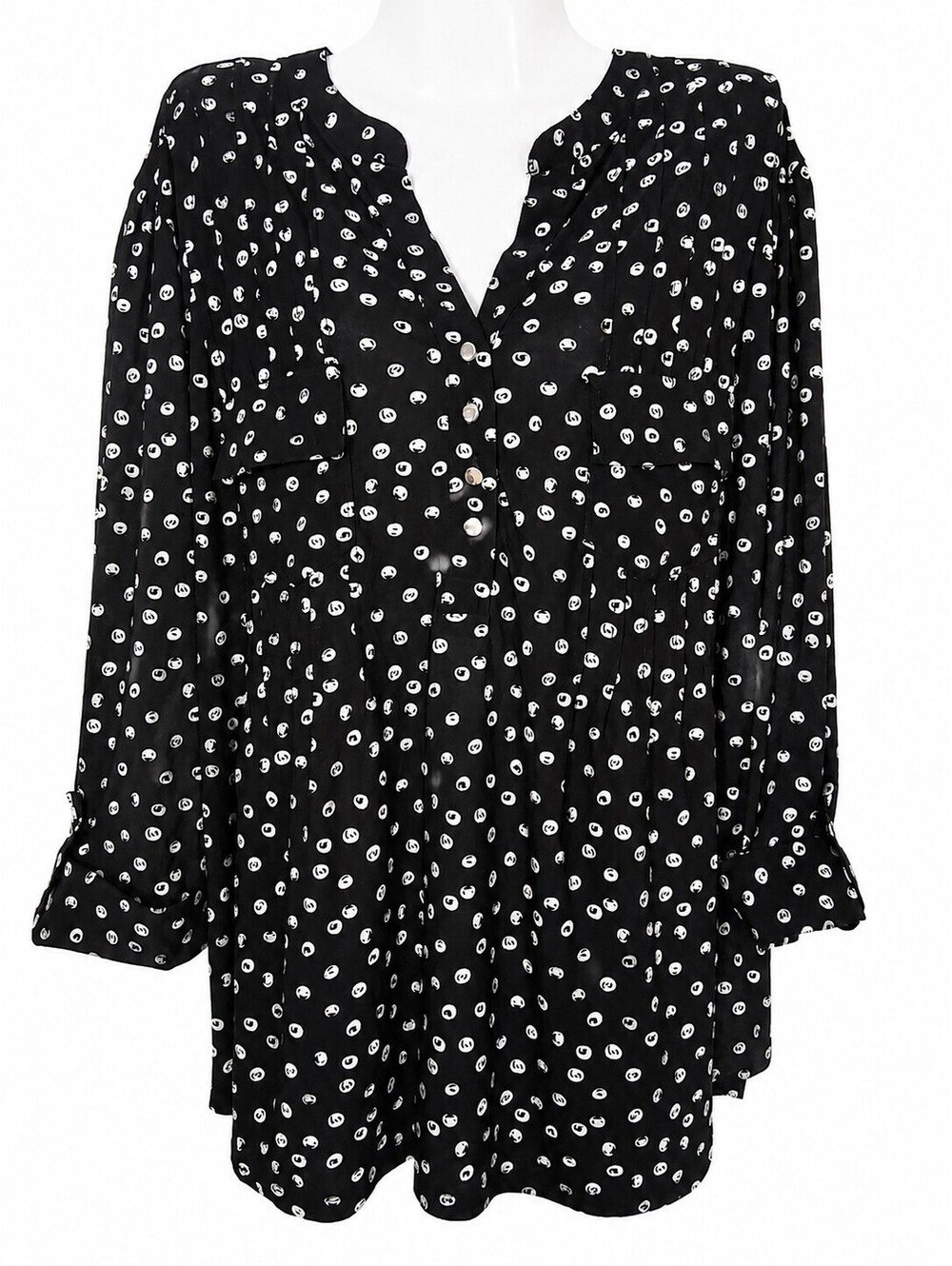 Cocomo Women's Chic Black Button Dot Print Roll Tab Pockets Flowy Tunic, 3X